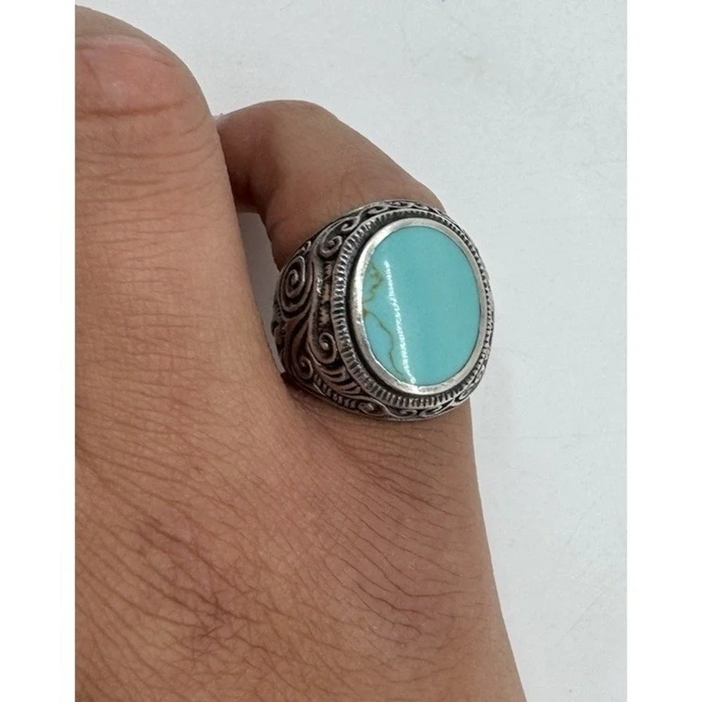 Southwestern 925 Silver Vintage Engraved Cigar Band Turquoise Inlay Ring Sz 8